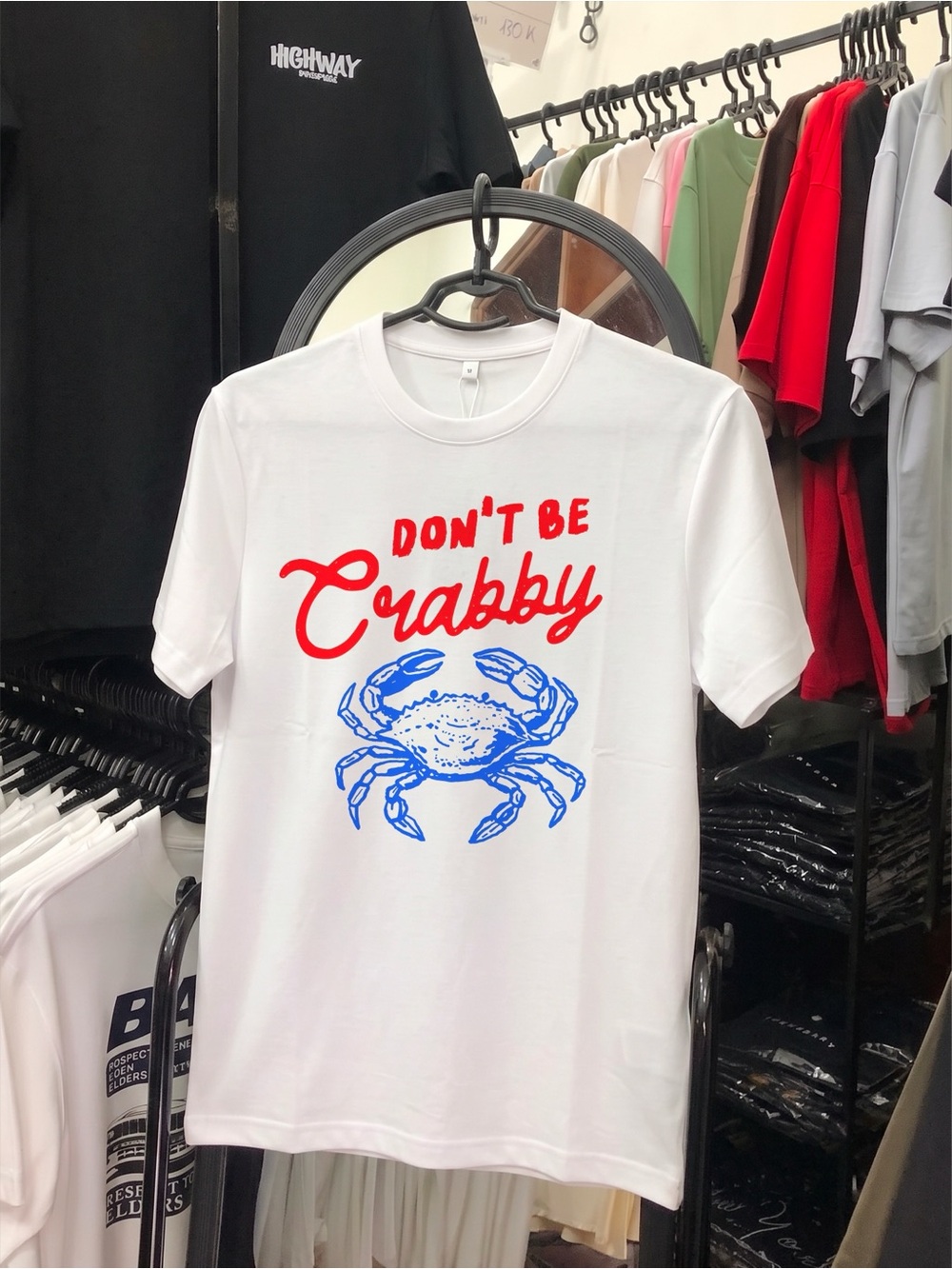 Gildan White Tee with Red Script and Blue Crab Graphic